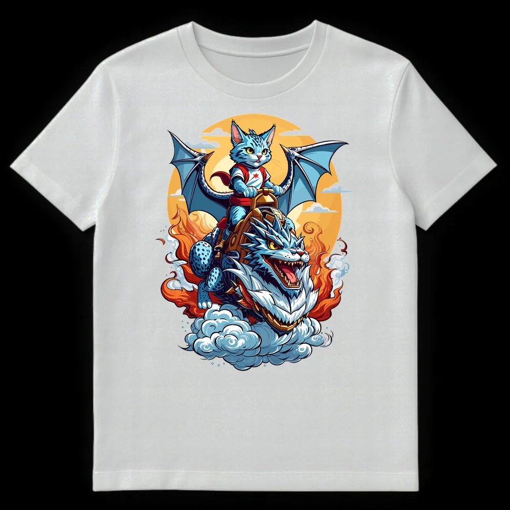 Blue cat hero riding a large draconic feline beast amidst flames on a black t-shirt. Fantasy anime style art. on White t-shirt