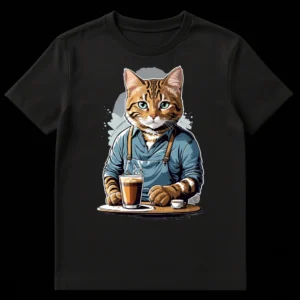 Anthropomorphic tabby cat barista t-shirt design, serving iced coffee and hot espresso, wearing a blue-grey apron on Black t-shirt