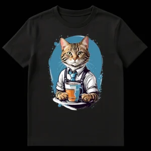 Anthropomorphic tabby cat barista t-shirt design with coffee cup and blue background on Black t-shirt