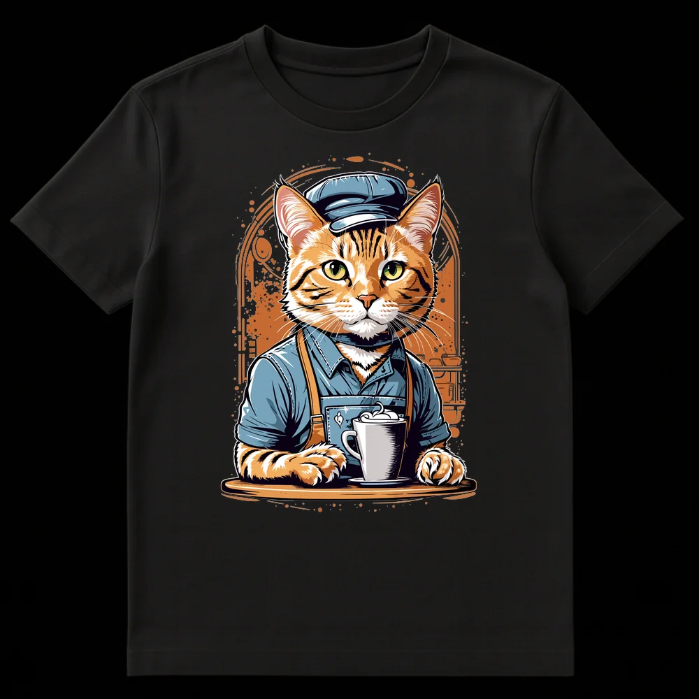 Cartoon tabby cat barista wearing a blue apron and cap, holding a frothy coffee mug on a wooden tray against a dark, cafe-themed background. on Black t-shirt