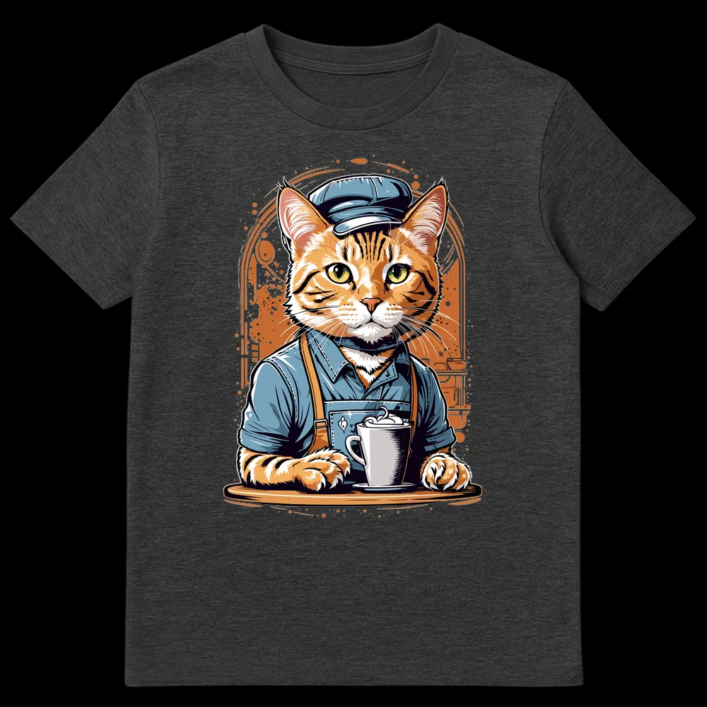 Cartoon tabby cat barista wearing a blue apron and cap, holding a frothy coffee mug on a wooden tray against a dark, cafe-themed background. on Dark Heather t-shirt