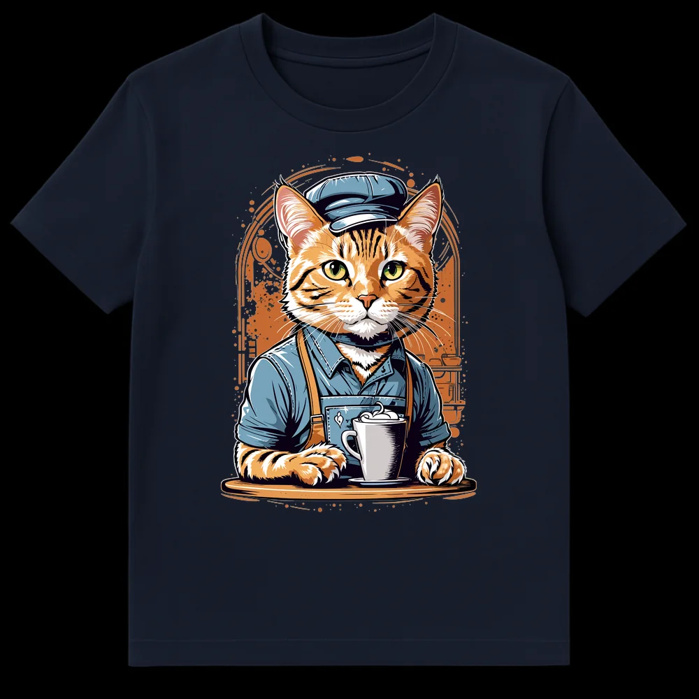 Cartoon tabby cat barista wearing a blue apron and cap, holding a frothy coffee mug on a wooden tray against a dark, cafe-themed background. on Navy Blue t-shirt