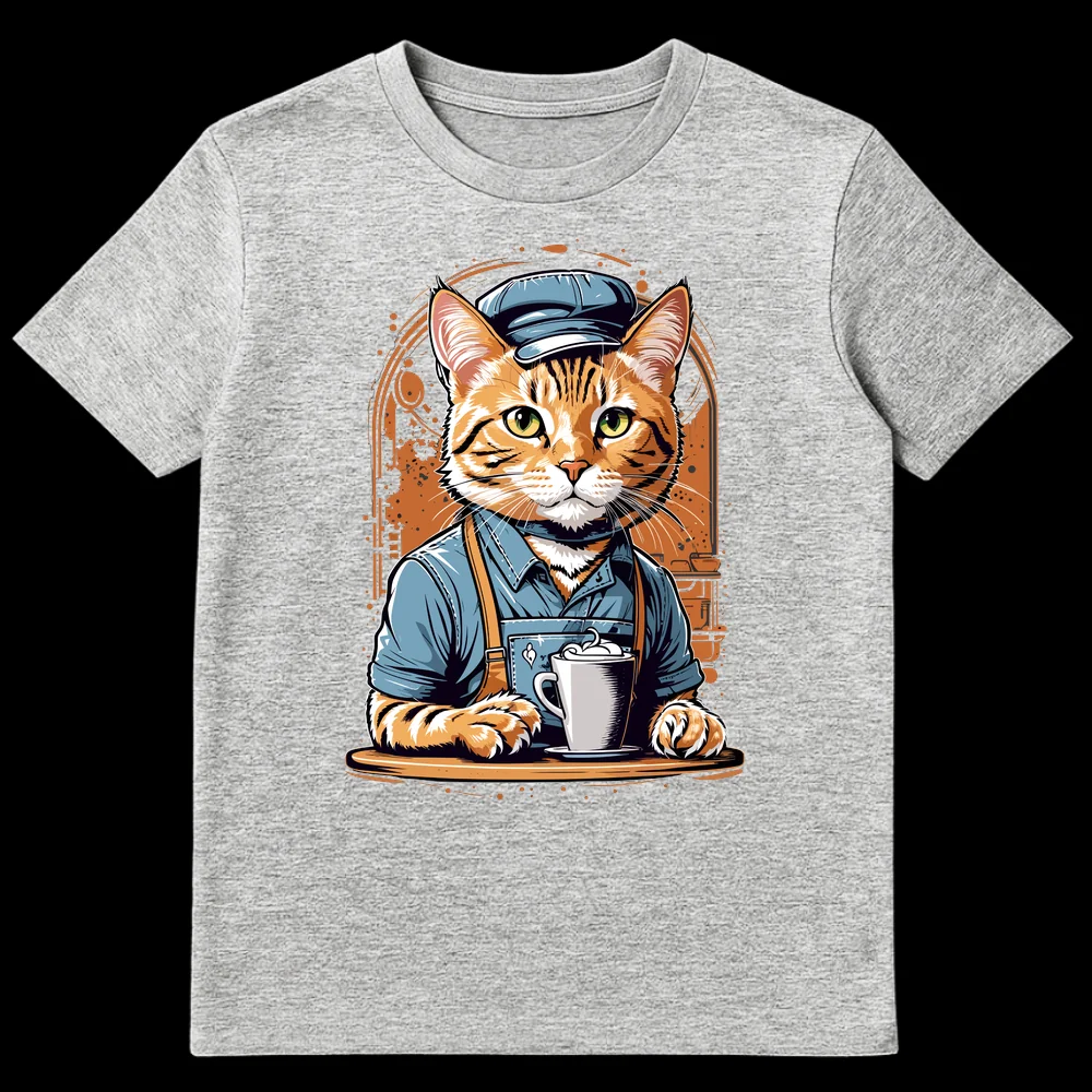 Cartoon tabby cat barista wearing a blue apron and cap, holding a frothy coffee mug on a wooden tray against a dark, cafe-themed background. on Sports Grey t-shirt