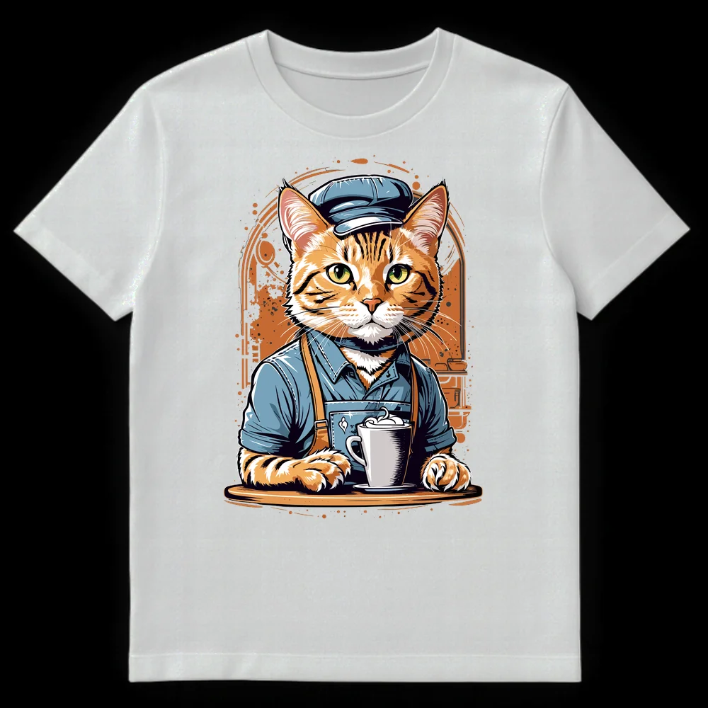 Cartoon tabby cat barista wearing a blue apron and cap, holding a frothy coffee mug on a wooden tray against a dark, cafe-themed background. on White t-shirt