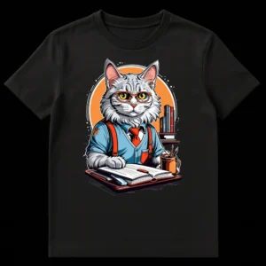 Intellectual Feline Scholar T-Shirt with an anthropomorphic cat wearing glasses, tie, and suspenders at a desk with books. on Black t-shirt
