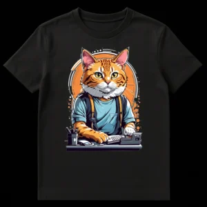 Orange tabby cat working at a desk, wearing a blue shirt and suspenders, with paws on a computer keyboard and cash register, against an abstract orange and black background. on Black t-shirt