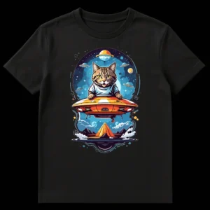 Humorous t-shirt design featuring a tabby cat piloting a UFO over a landscape with pyramids under a starry, cosmic sky, blending sci-fi with ancient mystery. on Black t-shirt