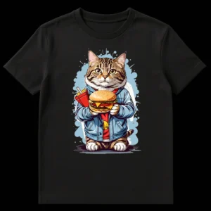 Cool Cat Burger Fries T-Shirt featuring a cartoon tabby cat in a denim jacket eating a cheeseburger and french fries on Black t-shirt