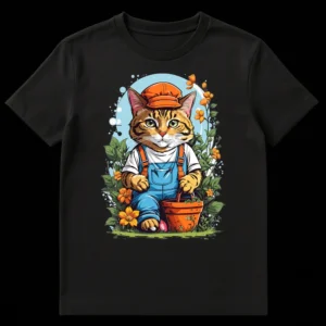 Whimsical tabby cat wearing overalls and a hat, actively gardening and planting orange flowers in a pot, surrounded by lush green plants on a black background on Black t-shirt