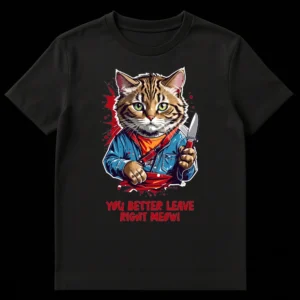 Angry tabby cat holding a knife with text 'YOU BETTER LEAVE RIGHT MEOW!' on a black t-shirt on Black t-shirt