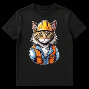 Anthropomorphic tabby cat in a yellow hard hat, blue jacket, and orange safety vest, looking directly ahead, on a black background. on Black t-shirt
