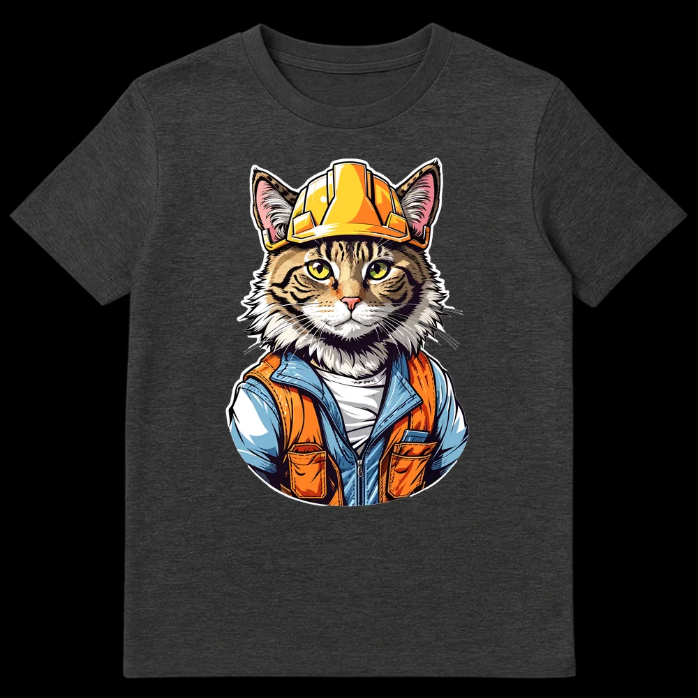 Anthropomorphic tabby cat in a yellow hard hat, blue jacket, and orange safety vest, looking directly ahead, on a black background. on Dark Heather t-shirt
