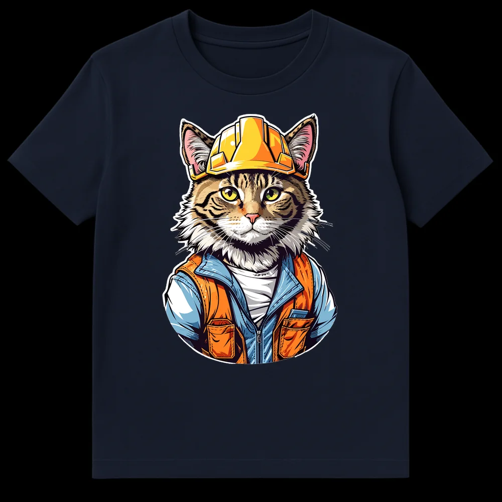 Anthropomorphic tabby cat in a yellow hard hat, blue jacket, and orange safety vest, looking directly ahead, on a black background. on Navy Blue t-shirt