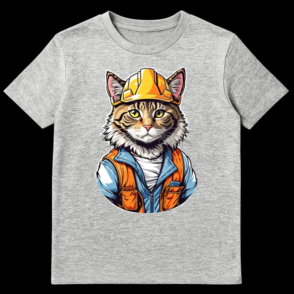 Anthropomorphic tabby cat in a yellow hard hat, blue jacket, and orange safety vest, looking directly ahead, on a black background. on Sports Grey t-shirt