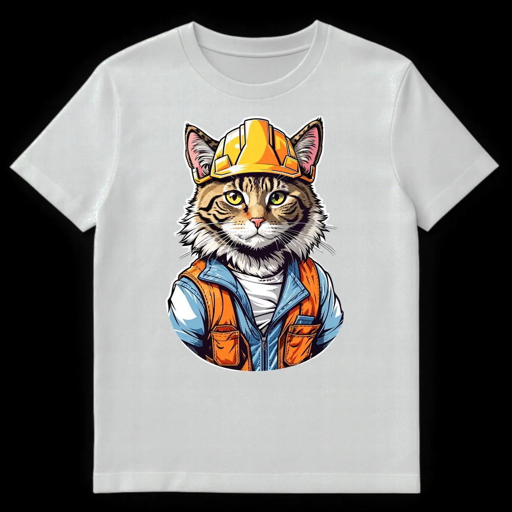 Anthropomorphic tabby cat in a yellow hard hat, blue jacket, and orange safety vest, looking directly ahead, on a black background. on White t-shirt