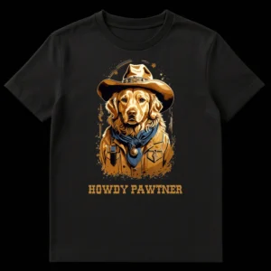 Golden Retriever dog wearing cowboy hat and bandana with 'HOWDY PAWTNER' text t-shirt design on Black t-shirt