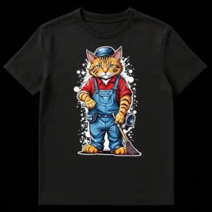 Cartoon orange tabby cat in blue overalls and cap holding a wrench and broom, ready for work on Black t-shirt
