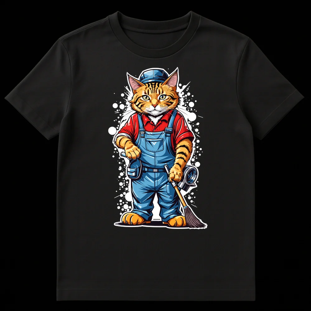 Cartoon orange tabby cat in blue overalls and cap holding a wrench and broom, ready for work on Black t-shirt