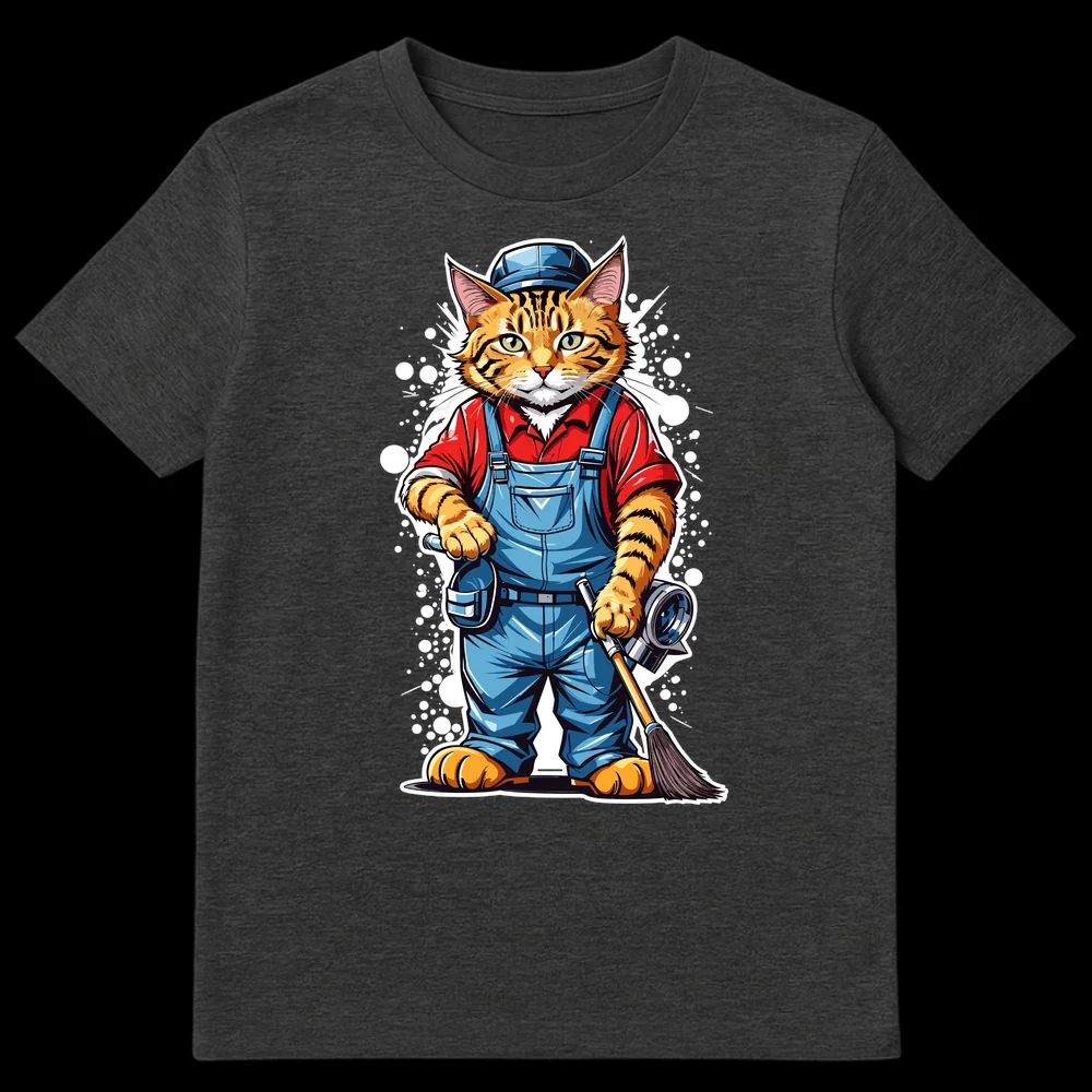 Cartoon orange tabby cat in blue overalls and cap holding a wrench and broom, ready for work on Dark Heather t-shirt