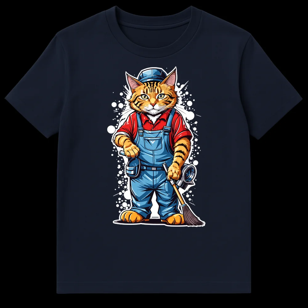 Cartoon orange tabby cat in blue overalls and cap holding a wrench and broom, ready for work on Navy Blue t-shirt
