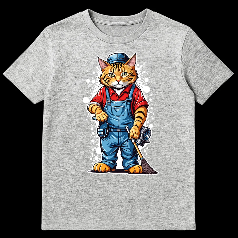Cartoon orange tabby cat in blue overalls and cap holding a wrench and broom, ready for work on Sports Grey t-shirt