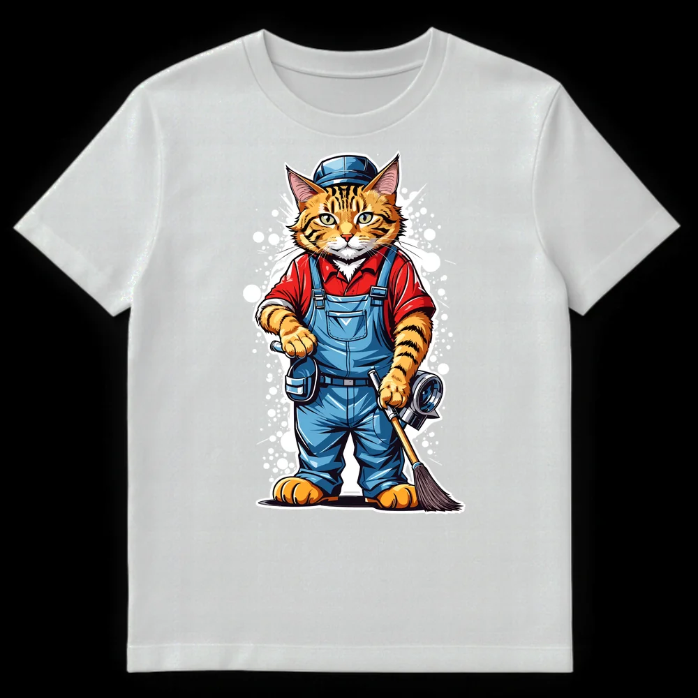 Cartoon orange tabby cat in blue overalls and cap holding a wrench and broom, ready for work on White t-shirt