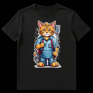 Cartoon image of an orange tabby cat wearing a blue work uniform with red suspenders, holding a mop and carrying a bucket of tools. on Black t-shirt