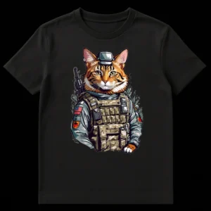 Tactical Operator Cat T-Shirt - Anthropomorphic cat in military gear with night vision goggles and rifle on a dark background. on Black t-shirt
