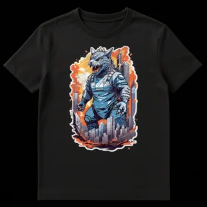 Epic Kaiju Cat monster with glowing eyes rampaging through a cityscape with explosions, in a neo-traditional tattoo and comic book art style, on a t-shirt on Black t-shirt