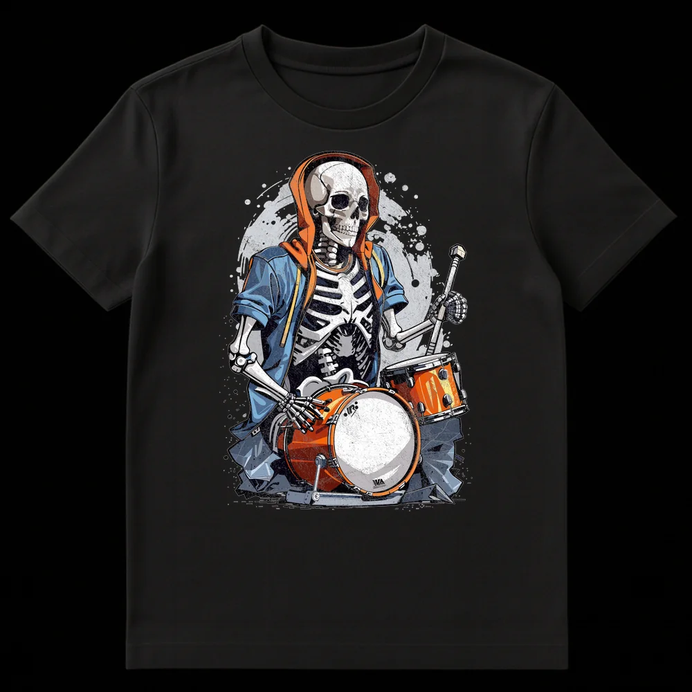 Skeleton drummer in streetwear playing drums with 'VA CLASSIC DRUMS' text on a black t-shirt, vibrant orange, blue, and white colors. on Black t-shirt