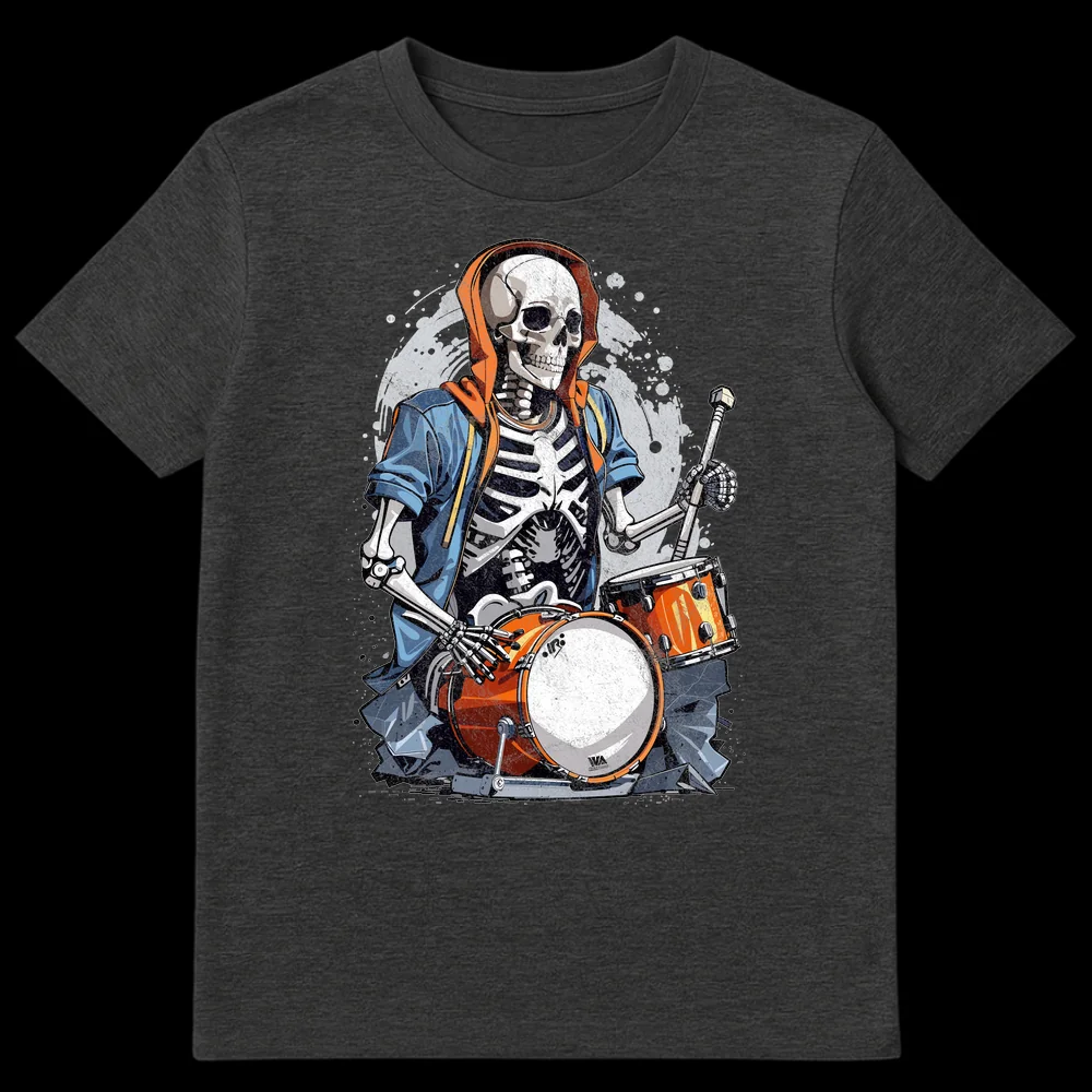 Skeleton drummer in streetwear playing drums with 'VA CLASSIC DRUMS' text on a black t-shirt, vibrant orange, blue, and white colors. on Dark Heather t-shirt
