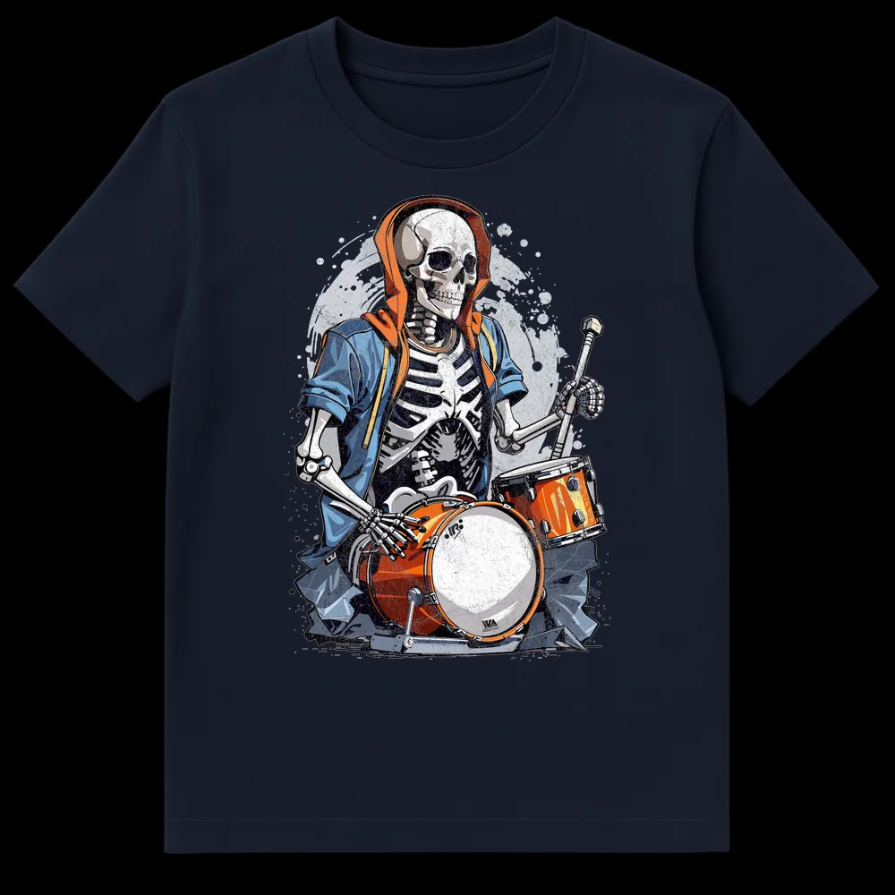 Skeleton drummer in streetwear playing drums with 'VA CLASSIC DRUMS' text on a black t-shirt, vibrant orange, blue, and white colors. on Navy Blue t-shirt