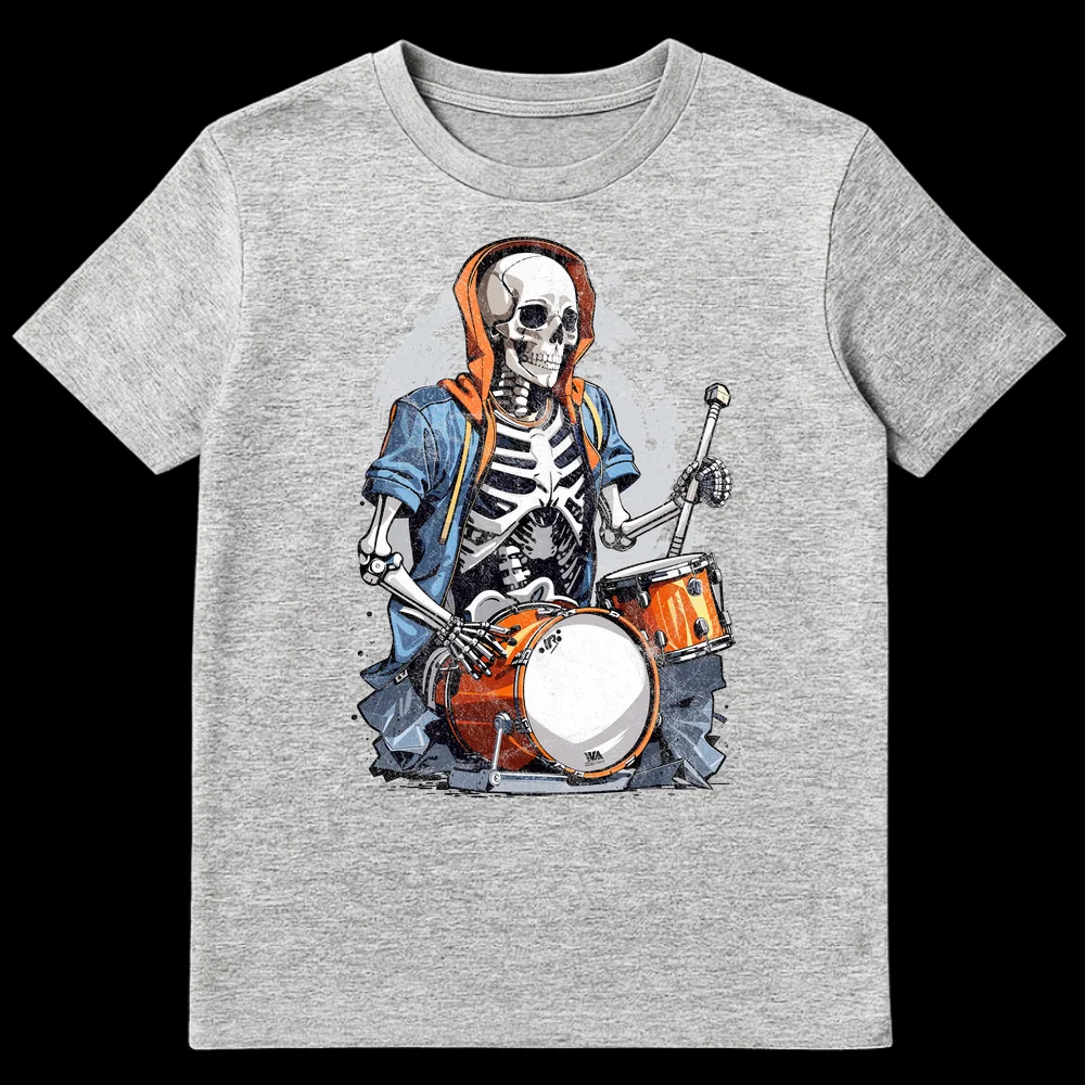 Skeleton drummer in streetwear playing drums with 'VA CLASSIC DRUMS' text on a black t-shirt, vibrant orange, blue, and white colors. on Sports Grey t-shirt