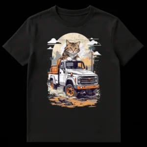 Realistic tabby cat sitting on roof of a classic 4x4 pickup truck in a retro-futuristic landscape with moon and city on Black t-shirt
