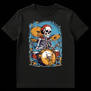 Vibrant T-shirt design showing a cartoon skeleton drummer wearing a red beanie and scarf, playing a full drum kit with a mini skeleton on the bass drum, set against abstract blue and orange splatters. on Black t-shirt