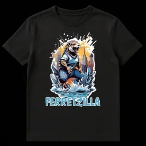 FERRETZILLA t-shirt design featuring a giant ferret-like monster destroying a city with skyscrapers, in a dynamic comic book style on Black t-shirt