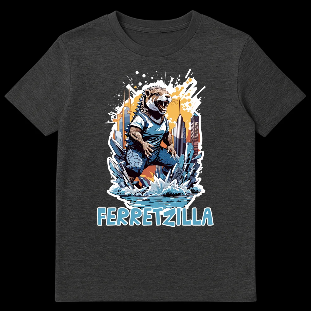 FERRETZILLA t-shirt design featuring a giant ferret-like monster destroying a city with skyscrapers, in a dynamic comic book style on Dark Heather t-shirt