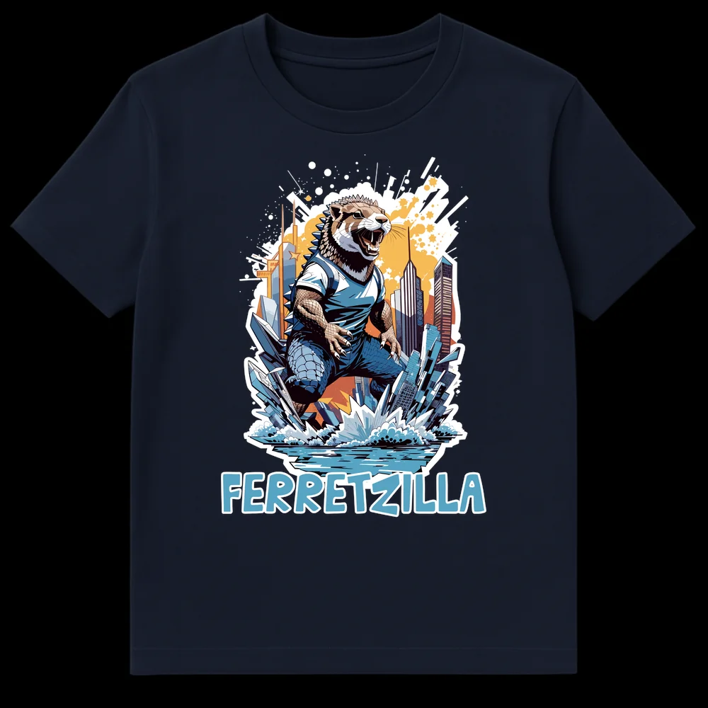 FERRETZILLA t-shirt design featuring a giant ferret-like monster destroying a city with skyscrapers, in a dynamic comic book style on Navy Blue t-shirt