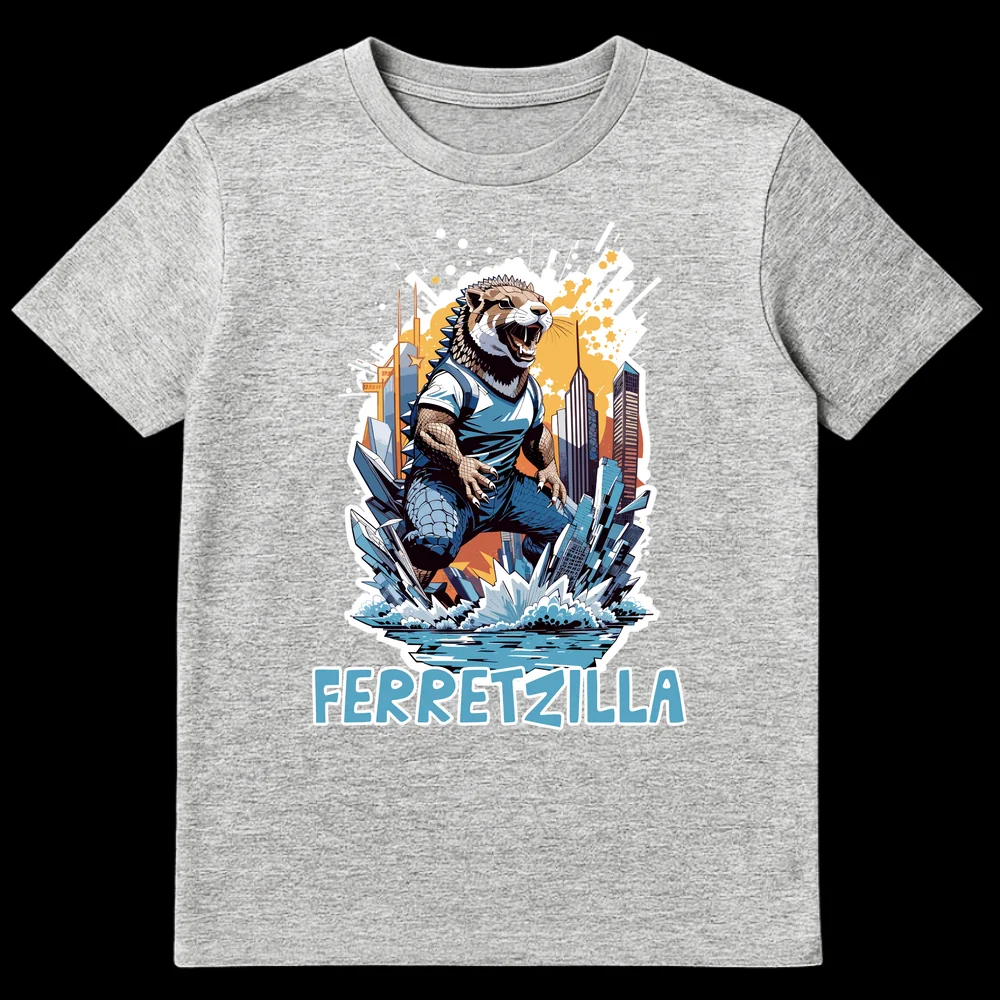 FERRETZILLA t-shirt design featuring a giant ferret-like monster destroying a city with skyscrapers, in a dynamic comic book style on Sports Grey t-shirt