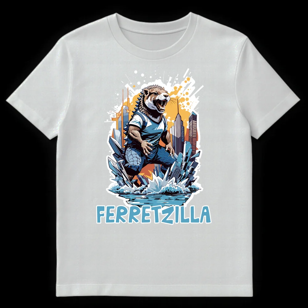 FERRETZILLA t-shirt design featuring a giant ferret-like monster destroying a city with skyscrapers, in a dynamic comic book style on White t-shirt