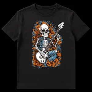 Skeleton playing electric guitar t-shirt with orange roses and teal foliage, dark background, gothic rock music design on Black t-shirt