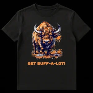 Powerful orange and black buffalo t-shirt with 'GET BUFF-A-LOT!' text, ideal for gym workouts on Black t-shirt