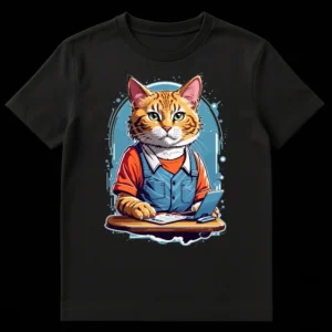 Orange tabby cat working on a blue laptop at a wooden desk, wearing an orange t-shirt and blue overalls, with abstract blue background elements. on Black t-shirt