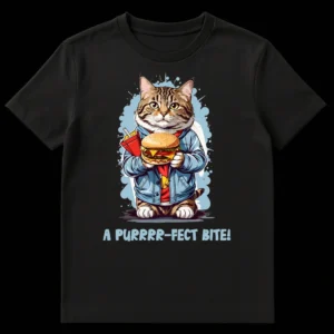 Cute anthropomorphic tabby cat in denim jacket eating hamburger and fries, with 'A PURRRR-FECT BITE!' text on a black t-shirt. on Black t-shirt