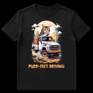 White off-road pickup truck with a tabby cat on the roof, kicking up mud, with text 'PURR-FECT DRIVING!' on Black t-shirt