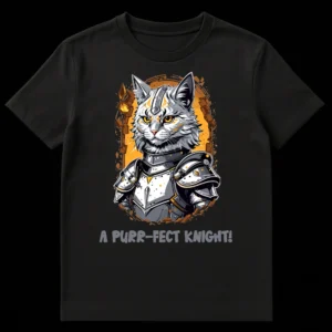 A PURR-FECT KNIGHT! T-Shirt featuring a majestic gray cat in silver and gold medieval armor against an orange and black background. on Black t-shirt