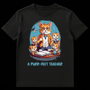 A PURR-FECT TEACHER t-shirt design with a cat teacher and kitten students in a classroom setting, featuring an open book, globe, and lamp on a desk with a blue circular background. on Black t-shirt