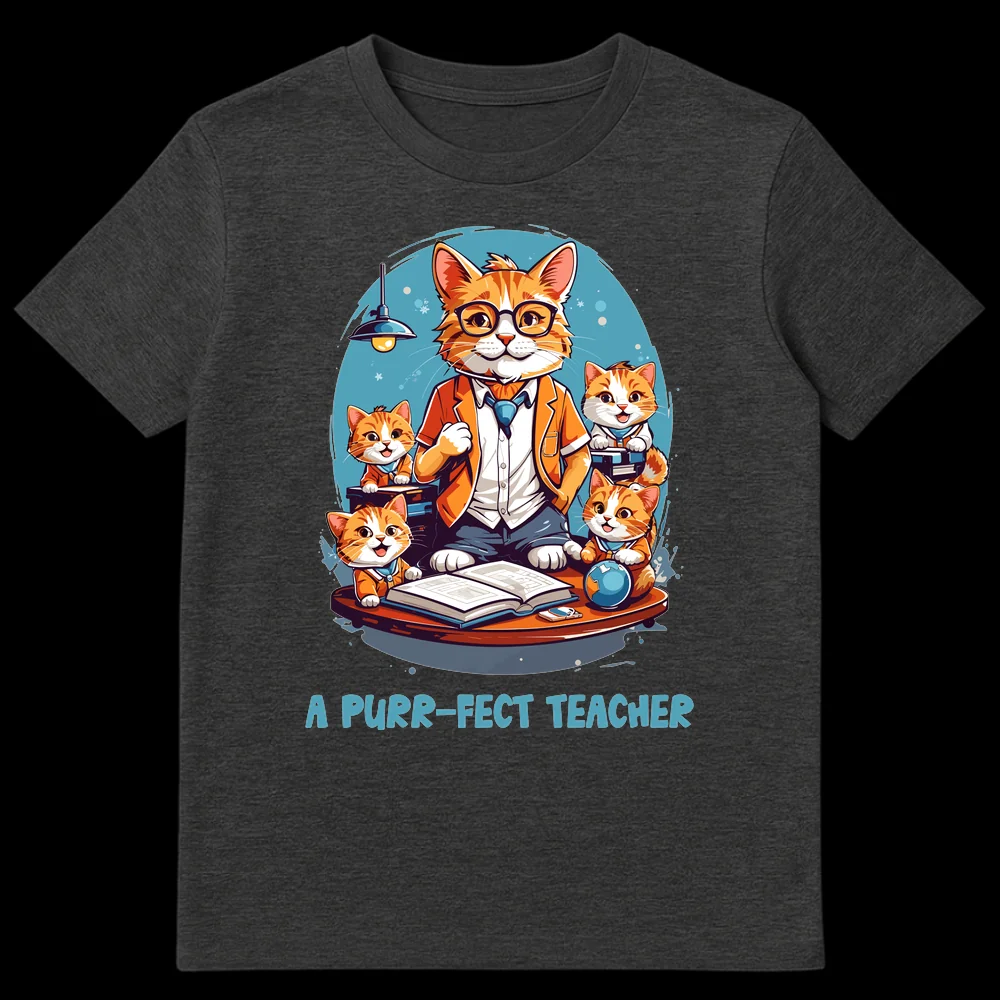 A PURR-FECT TEACHER t-shirt design with a cat teacher and kitten students in a classroom setting, featuring an open book, globe, and lamp on a desk with a blue circular background. on Dark Heather t-shirt