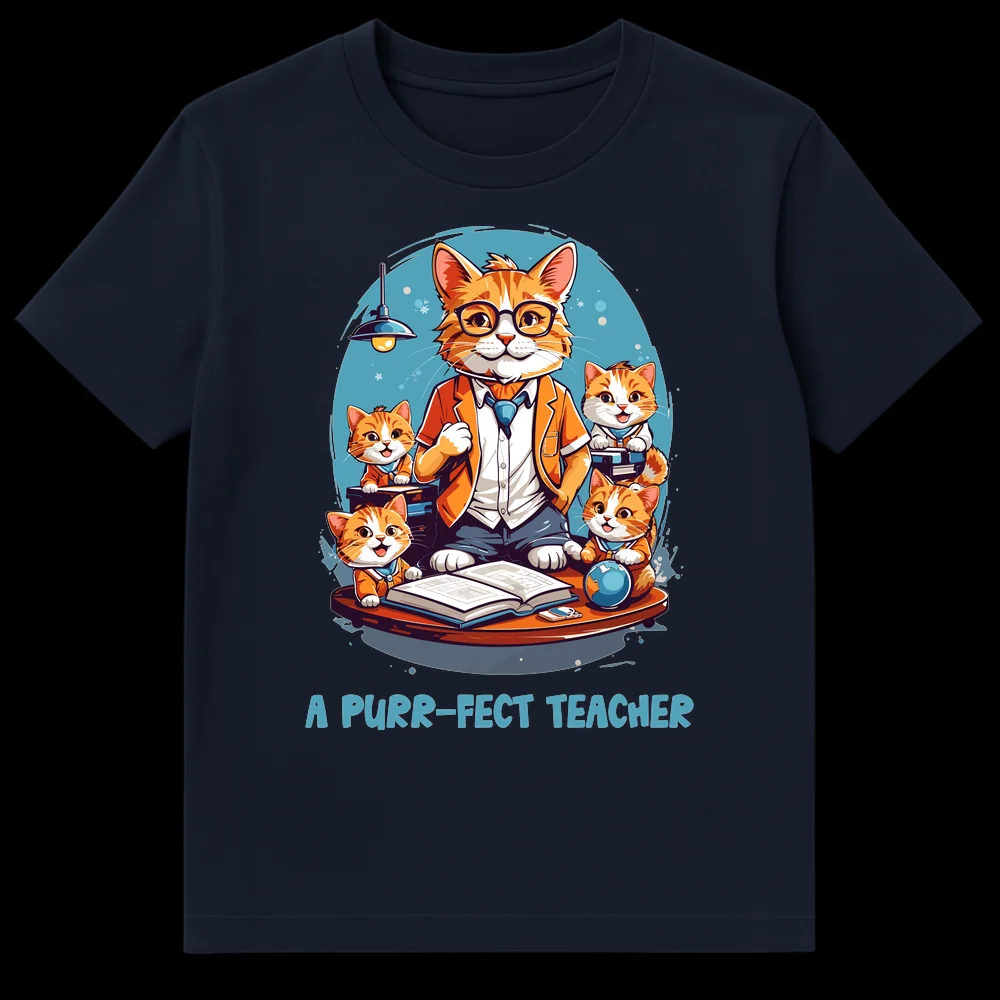 A PURR-FECT TEACHER t-shirt design with a cat teacher and kitten students in a classroom setting, featuring an open book, globe, and lamp on a desk with a blue circular background. on Navy Blue t-shirt