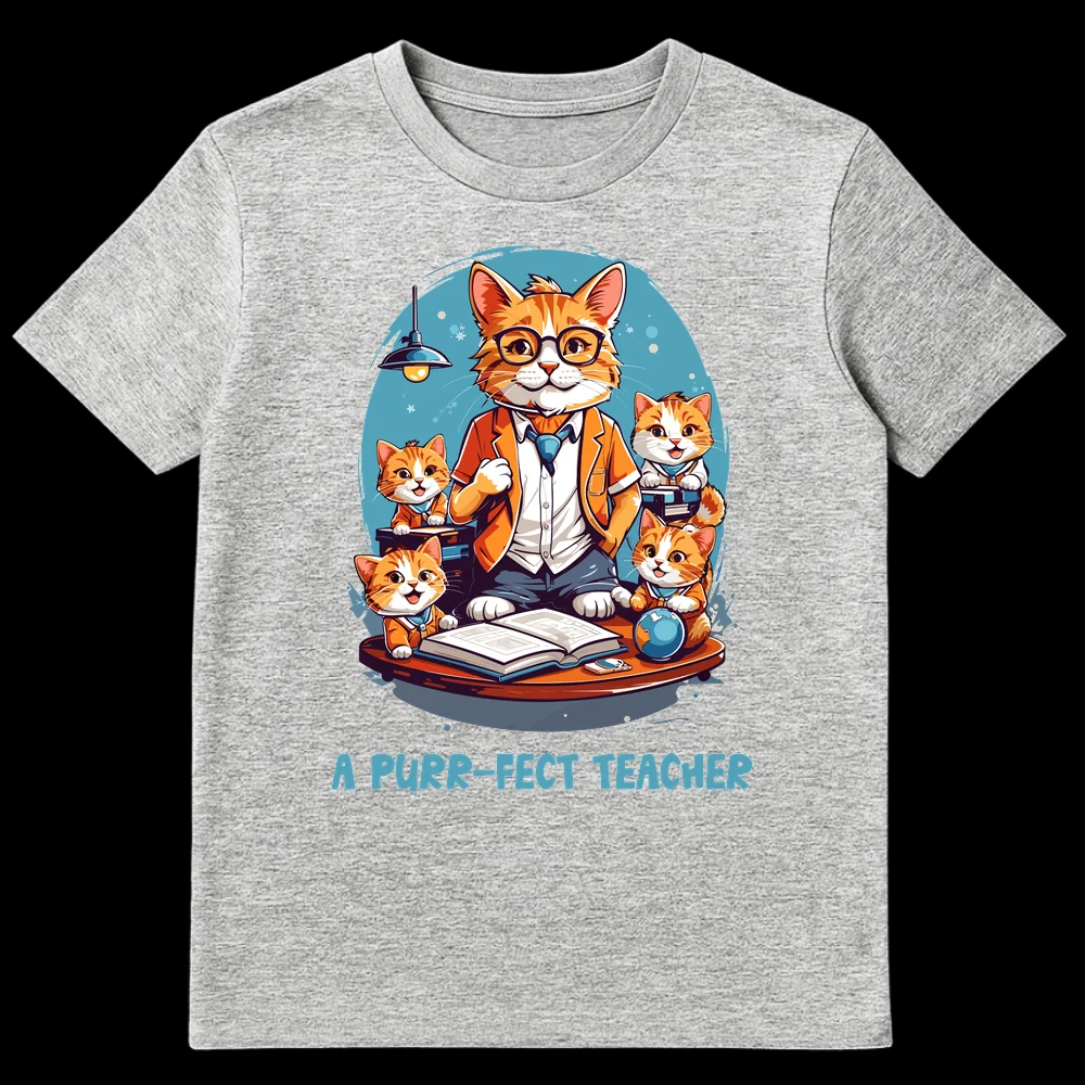 A PURR-FECT TEACHER t-shirt design with a cat teacher and kitten students in a classroom setting, featuring an open book, globe, and lamp on a desk with a blue circular background. on Sports Grey t-shirt